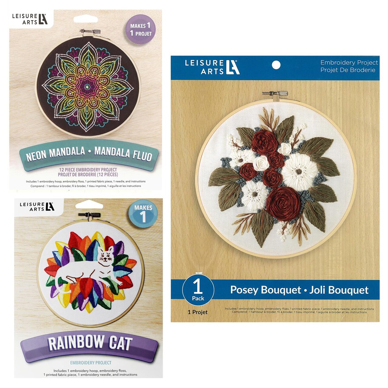 Leisure Arts Embroidery Collection 6 Inch & 8 Inch, 3 Pc Kit – Embroidery Kit for Beginners and Adults, Cross Stitch Kits with Patterns, Starter Set for DIY Crafts